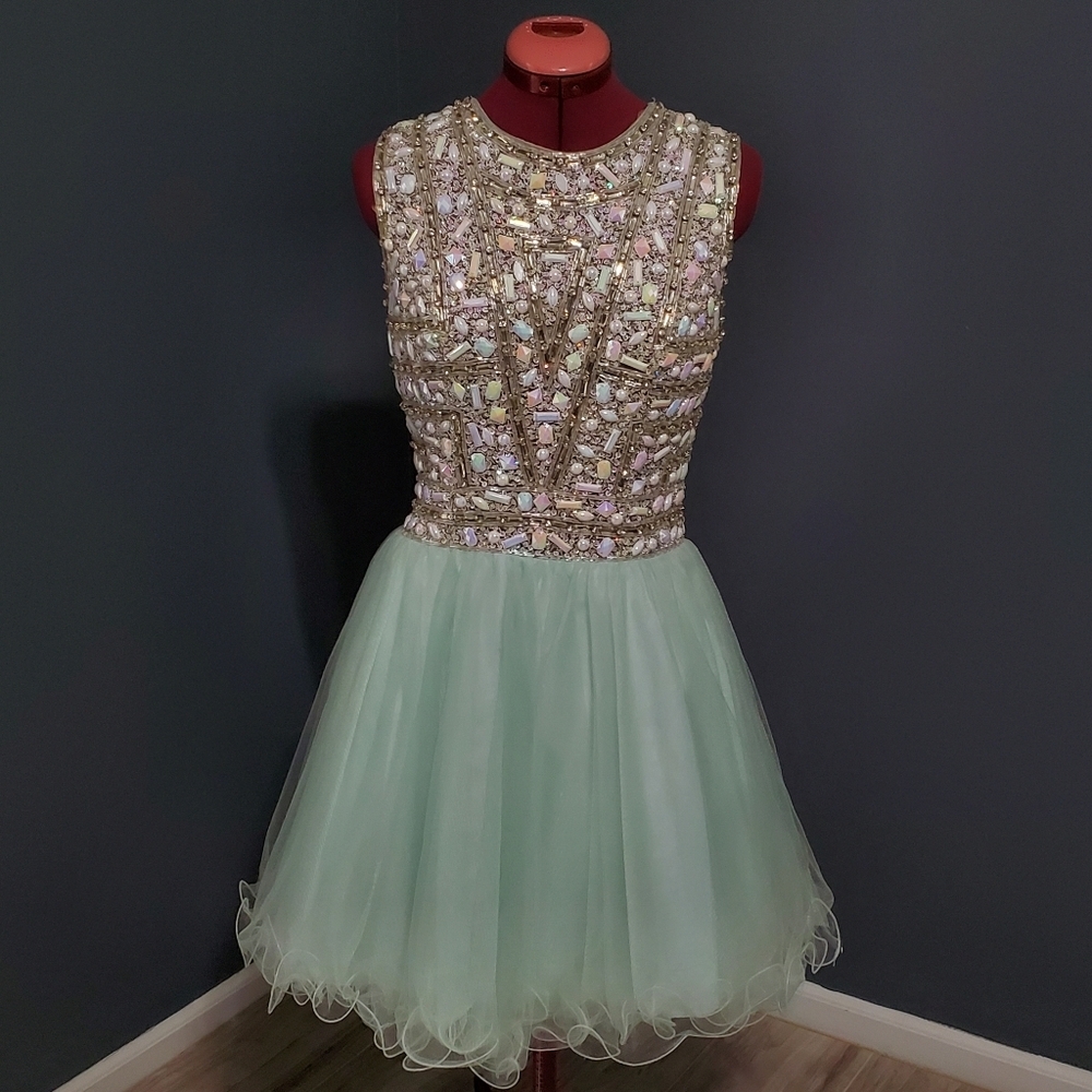 Savannah Nights Beaded Cocktail Dress Mint Blue Wired Skirt